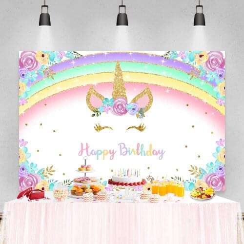 Laeacco Unicorn Party Photo Background Flowers Rainbow Glitters Baby Shower Birthday Newborn Photography Backdrops Photo Studio