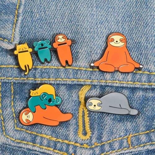 Cute Funny Sloth Enamel Pin Lazy Animal Koala Cat Badge Brooch Lapel Pins Denim Jeans Shirt Bag Cartoon Jewelry Kids Gift
