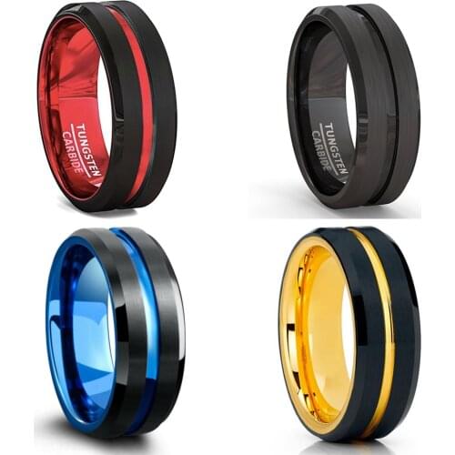 Fashion 8MM Mens Black Tungsten Carbide Ring Red Blue Groove Beveled Edge Engagement Ring Wedding Anniversary Jewelry For Men
