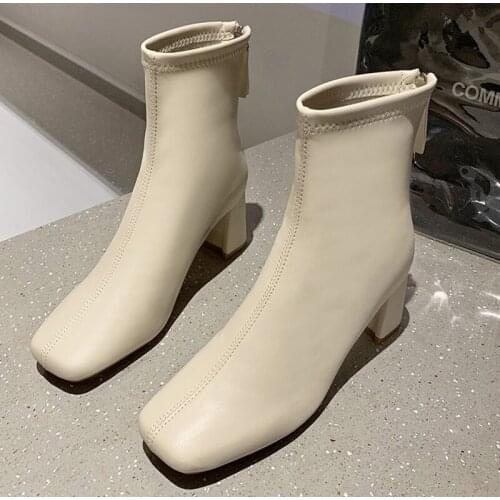 Fashion Womens Short Boots Soft PU Leather Square Heels Ladies Pumps Autumn Zipper Ankle Boots For Woman 2021 Winter Shoes New