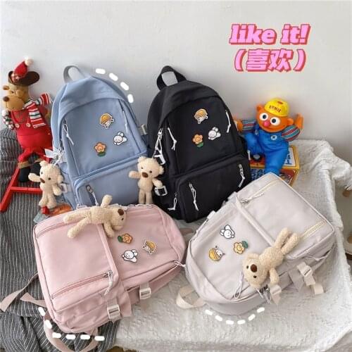 Fashion Womens Backpack Kawaii Badge Pendant Schoolbags For Girls Trendy Nylon Waterproof Large-capacity Travel Bookbag 2021