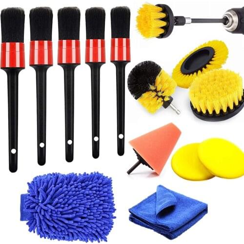 15 piece detail brush and drill brush kit, including polishing pad, car dry towel, cleaning gloves, wax applicator, cleaning car