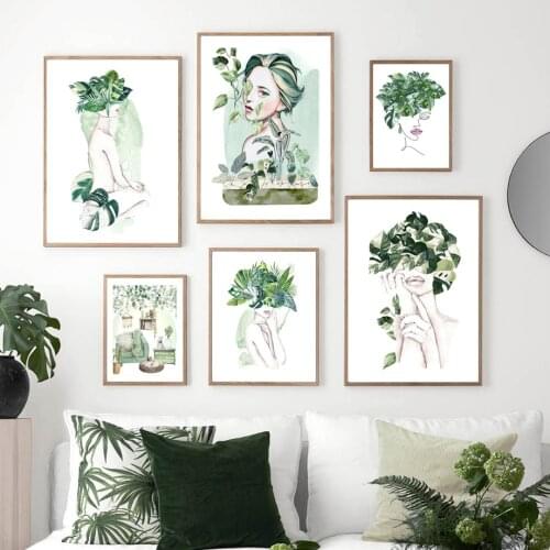 Flowers Plant Vase Abstract Girl Wall Art Canvas Painting Nordic Monstera Posters And Prints Wall Pictures For Living Room Decor