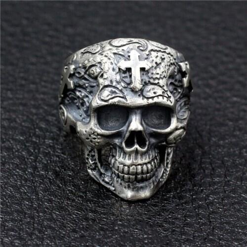 Real 100% S925 Sterling silver colour skull ring man Thai silver mens ring handmade cross ghost head male models domineering