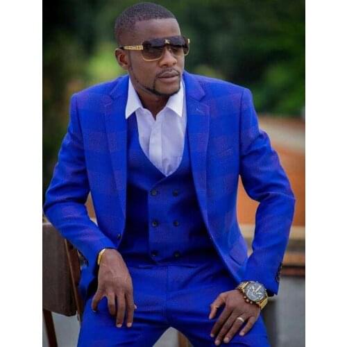 New Designs Stylish Blue Mens Suits 3 Pieces Slim Fit Groom Wedding Suit Man Business Blazer Dress Tuxedo Jacket Pants Vest Set