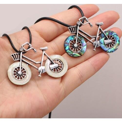 Charm Elegant Natural White Abalone Shell Alloy Pendant Bicycle Shape Exquisite Jewelry Men Women Couples Banquet Gifts 50x35mm