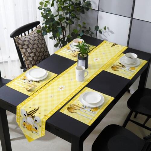Bee Dwarf Daisy Yellow Plaid Table Runner Placemat Set Tablecloth Dining Table Mat Home Wedding Table Decoration