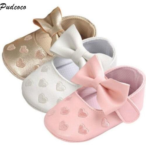 Pudcoco Baby Girls First Walkers Lovely Printed Heart Newborn Girl Crib Shoes Baby Girls Bowknot Soft Sole Casual Baby Shoes