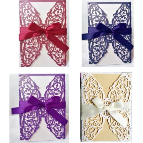 Laser Cutting Wedding Invitation Cards Lace Hollow Invite Card with Ribbon 4 Colors 12x18cm Party Favor Cards