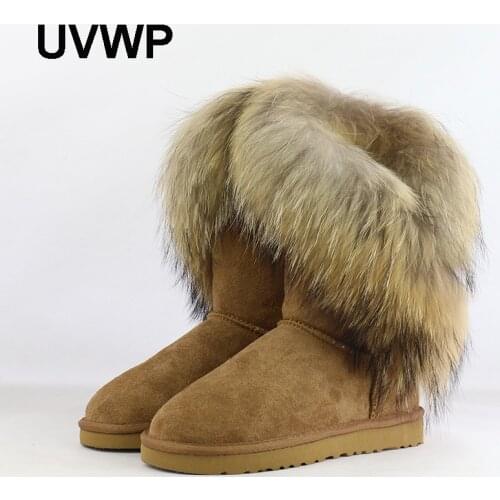 UVWP Top Quality 100% Genuine Leather Womens Snow Boots Fashion Big Natural Fox Fur Winter Boots Warm Mid Boots Women Shoes