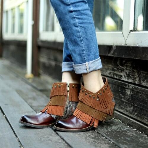 Handmade Vintage High Heels Boots Lady Boots Winter 2020 Full Grain Leather Ankle Boots For Women Shoes Tassel Rivet Short Boots