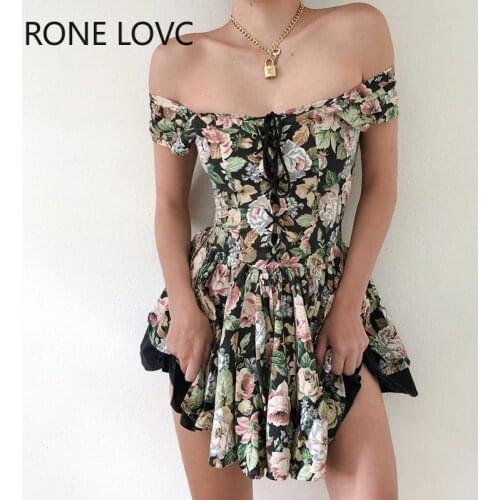 Women Eyelet Lace-up Off Shoulder Floral Print Dress Elegant Fashion Chic Dress