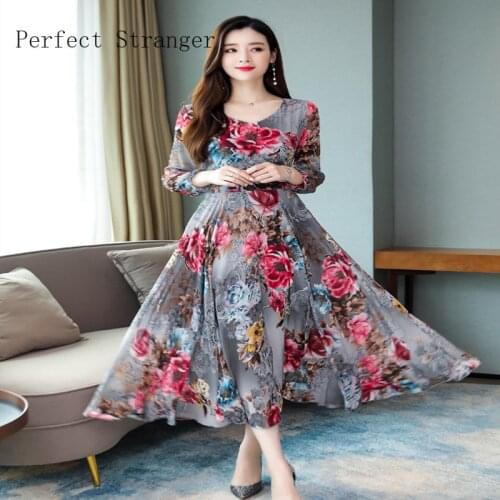 High Quality 2021 Autumn New Arrival Plus Size M-3XL V Collar Flower Printed Long Sleeve Woman Chiffon Long Dress