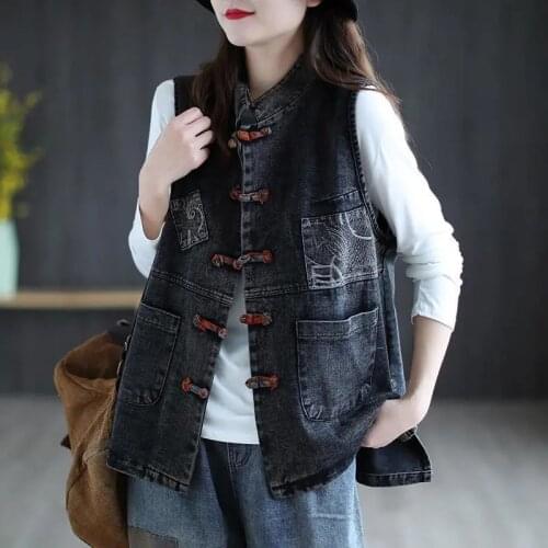 Cowboy Vest Female 2021 Spring Summer Art Retro Large Size Ethnic Style Disc Buckle Outer Wear Vest And Casual Waistcoat