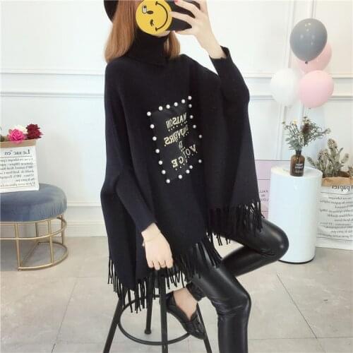 2021 Women Pullover Fashion Beaded Patch Sweater Autumn Winter Warm Wrap Swing Turtleneck Women Sweater Long Sleeve