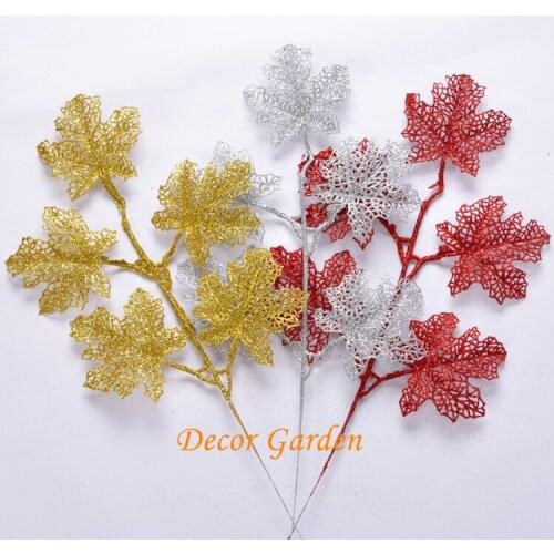43CM For christmas decoration artificial plastic maple leaf Xmas leaves gold dust powder silver red FCL02