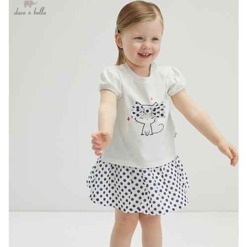 DBM17842 dave bella summer baby girls cute cartoon dots clothing sets kids fashion short sleeve sets children 2 pcs suit