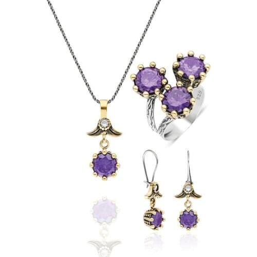 Purple Amethyst Authentic Sterling Silver Triple Set Jewelry