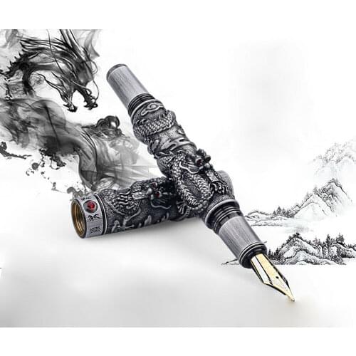 Jinhao Vintage Luxurious Fountain Pen Double Dragon Playing Pearl, Ancient Gray Metal Carving Embossing Heavy Pen Collection