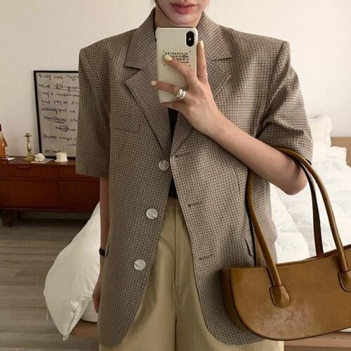 Korea Chic Summer Simple Temperament Lapel Three Buttons Loose Casual Cardigan Short-Sleeved Plaid Suit Jacket Women