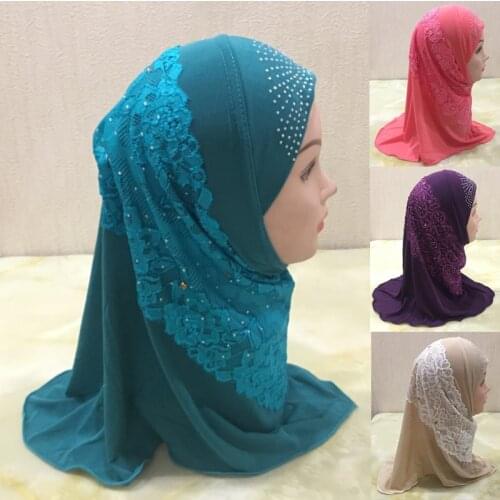 Lace Inner Hijab Scarf for Kids Muslim Girls Islamic Headscarf Turban Caps Ready to Wear Arab Full Cover Amira Shawls Headwear