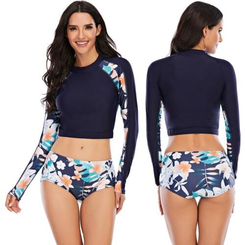 TYAKKVE Rashguard Women Swimsuit Long Sleeve UV Sun Protection Zipper SwimwearTwo Pieces Print Surf Shirt Top Spa Bating