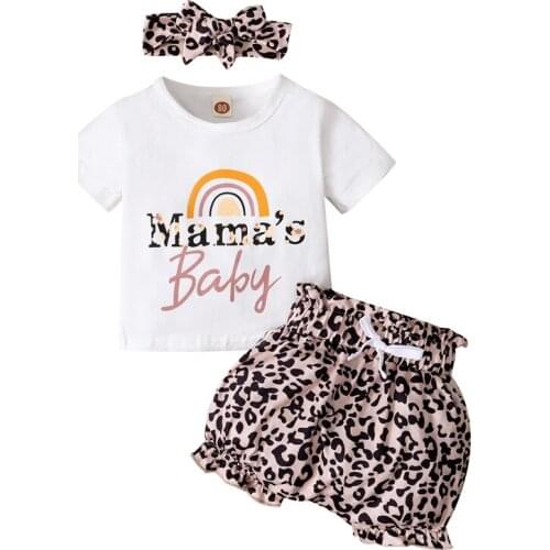 Pudcoco 3Pcs Baby Girls Summer Rainbow Letter T-Shirt Tops+Leopard Shorts Pants Trousers +Bowknot Headwear Casual Outfit Sets