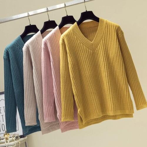 Fashion V Neck Sweater Women Winter Casual Knitted Pullover Autumn Top Solid Long Sleeve Cashmere Jumper Pull Femme