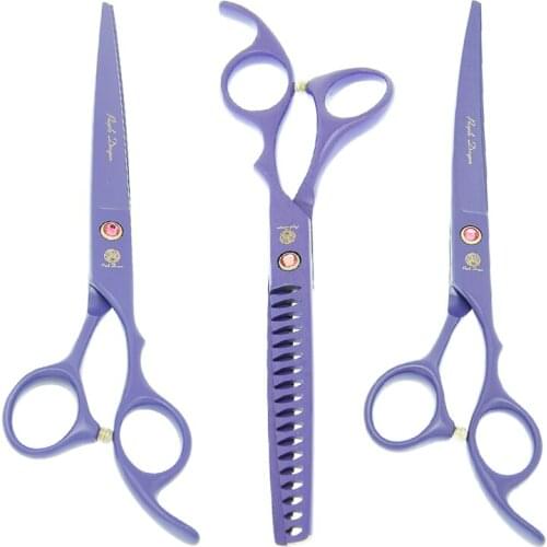 Purple Dragon 7 inch Dog Grooming Tesouras Japan 440c Curved Pet Cutting Scissors 18 Teeth Animal Thinning Shears Forceps B0039B