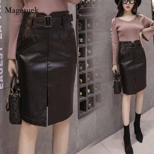 Autumn All-match High-waist Split Mid-length A-line Hip Skirt with Belt PU Leather Solid Black pleated Skirt Jupe Femme 11024