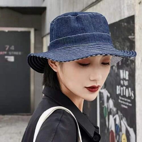 New Spring Womens Denim Bucket Hat Chic Korean Double-side Panama caps for women Summer Sun Protection Hats Wide Brim