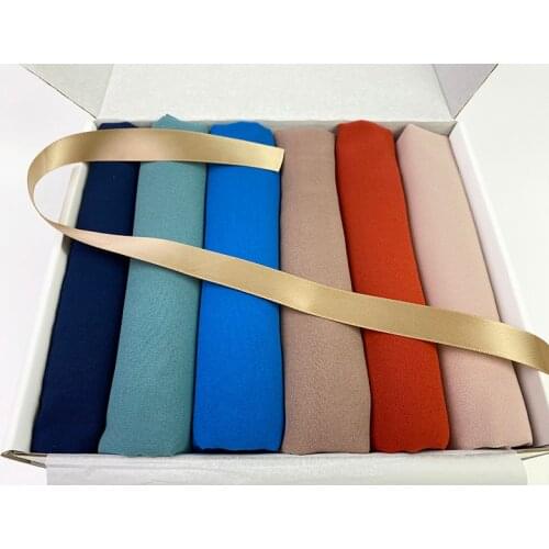 Plain Hijab Bubble Chiffon Scarf Women Solid Color Muslim Shawls Hijabs Headband Islamic Headscarf Gift Box Foulard Femme