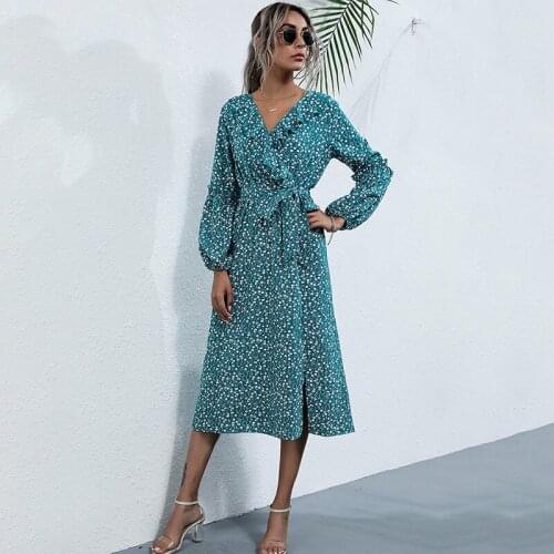 Ruffle Patchwork V Neck Lantern Sleeve Floral Print High Waist Bandage Women Dress Casual Streetwear Split Fork Lady Dreeses