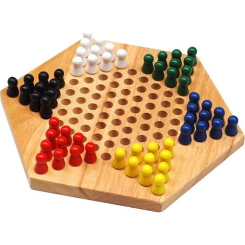 Traditional Hexagon Wooden Chinese Checkers Family Game Set with 60 Pegs in 6 Colors