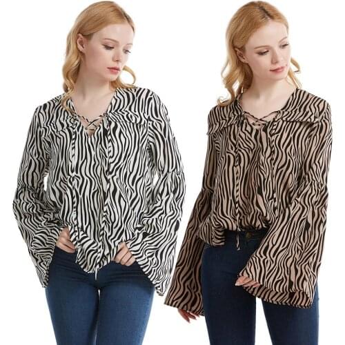 Women New Fashion Striped Long Wide Sleeve Lace Up Shirt Casual Loose Fit Chiffon Tops Blouse