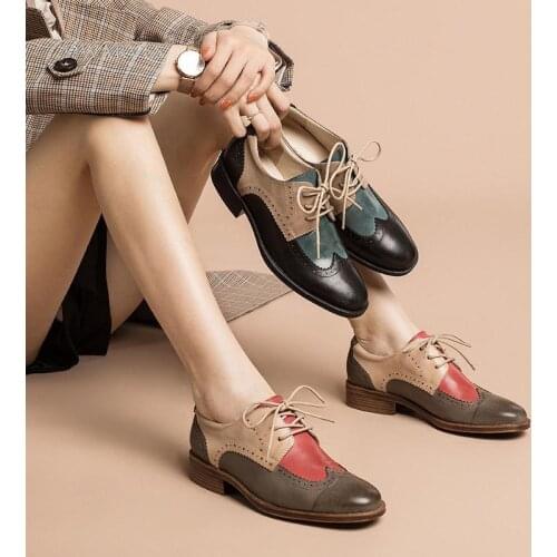 Womens Handmade Sheepskin Brogue Oxfords & Tie Flats Color Blocking