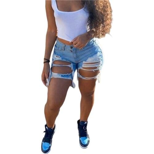 2020 Women’s Destroyed Denim Shorts Hollow Out Butt-Lifting Mid Rise Frayed Raw Hem Ripped Short Jeans Zipper Casual Clothes