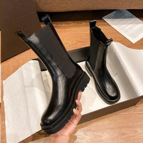 2021 Chic Elastic band riding boots women slim mid-calf botine square toe thick heels chelsea botas mujer stretch knight bottes