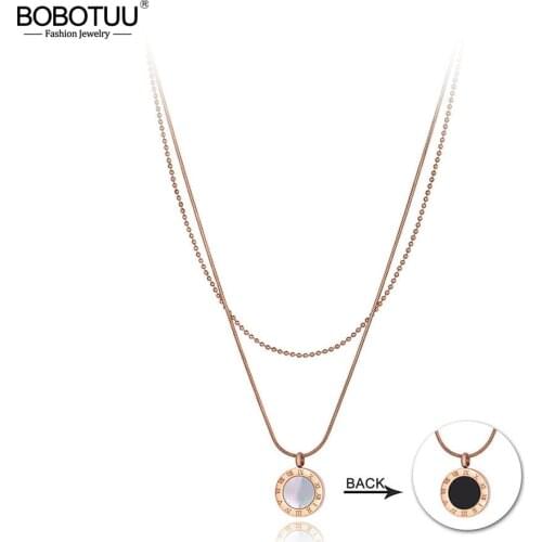 BOBOTUU Bohemia Titanium Stainless Steel Double-layer Charm Choker Necklace Roman Numerals Pendant Necklace For Women BN19203