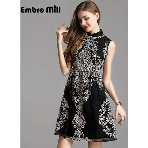 High-end spring women Retro Palace style Ruyi silk Heavy embroidery flower slim dress sleeveless fashion Woman dress S-XXL