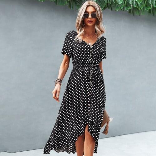 Elegant Beach Women Dress Summer 2021 Casual Polka Dot Print V Neck Short Sleeve High Waist Button Ruffle Boho Dresses Vintage