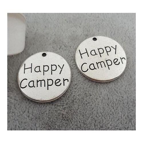 High Quality 20 Pieces/Lot Diameter 25mm Letter Printed Happy Camper Round Disc Message Charms For Jewelry Making