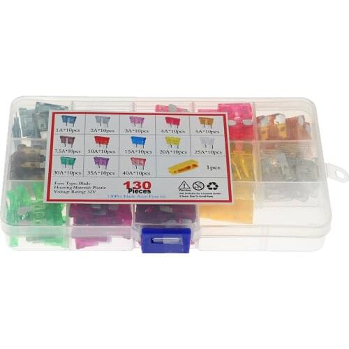 130Pcs/box Assorted Standard Blade Fuse Kit 1A 2A 3A 4A 5A 7.5A 10A 15A 20A 25A 30A 35A 40A Auto Medium Blade Fuses Kit