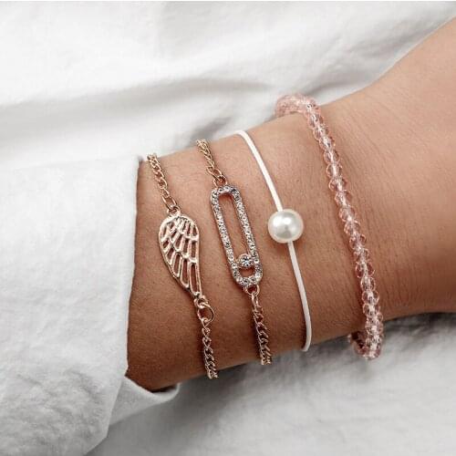 4 Pcs/Set Simple Simulated-pearl Chain Bracelet Set for Women Geometric Wing Bead Crystal Charm Bracelets Fashion Jewelry