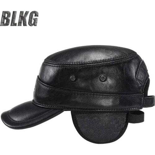 Brand Autumn Winter Genuine Leather Cap Men Adjustable Size Windproof Earmuffs Hat Cowhide Flat Cap For Men Gorras Hombre