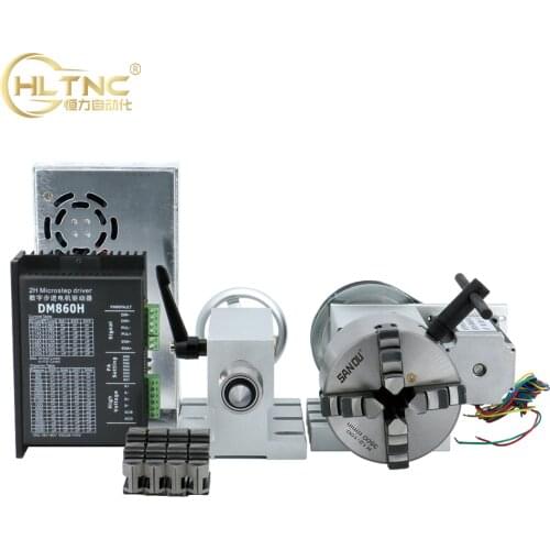 CNC 4th A Aixs 3 4 Jaw k12 Chuck 100mm Nema 34 Stepper Motor 4:1 / NEMA23 6:1 + Tail Stock for Router