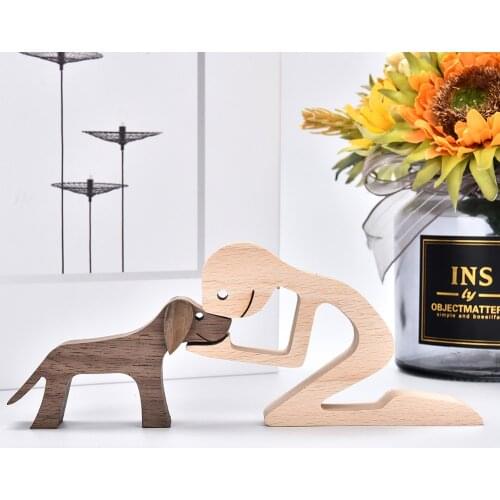 Couples Statue Handmade Wooden Small Miniatures Dog Woman Man Desk Decoration Anniversary Birthday Valentines Day Gift OEM