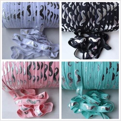 6 colors silver foil mustache pritned foe elastic 50 yards 100 yard5/8" Fold over elastic ribbon for hair accessories