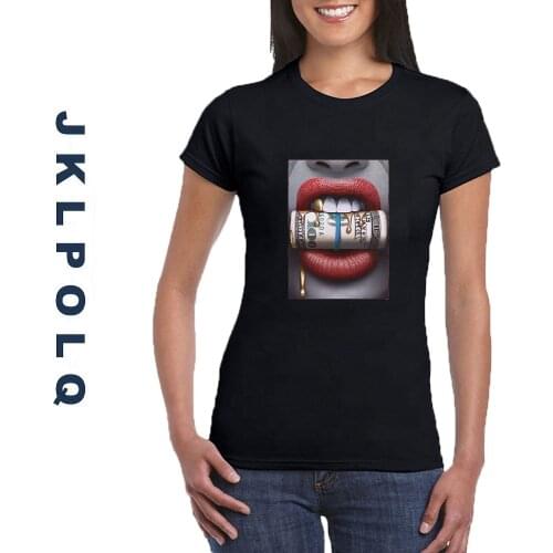 JKLPOLQ Summer Cooton Women Red Lips Bite The Money Prints Tshirt Oversized Brand Tee Shirts Harajuku Tees Eu Size XS-3XL