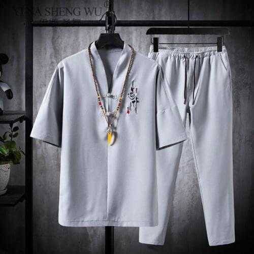 Japanese Harajuku Style Suits V-neck Trousers Suit Kimono Harajuku T-shirt Pants Two Piece Men Tops Trousers Male Japan Costumes